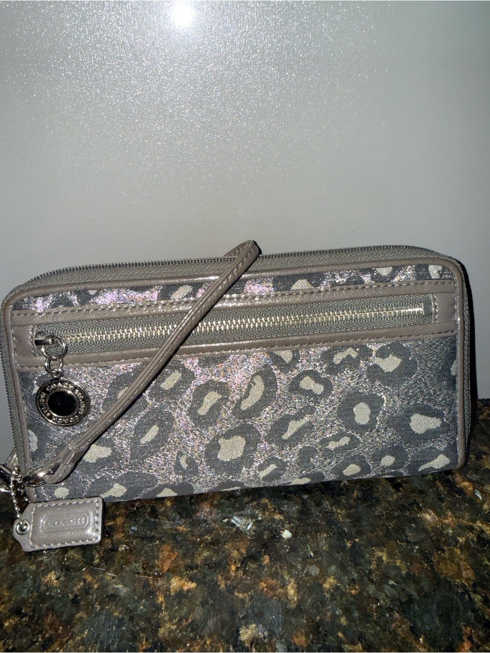 Coach Metallic Grey Leopard Print Wristlet Wallet NWOT